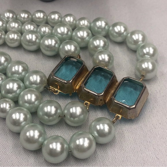 Vintage Faux Pearl Blue Glass 3 Strand Necklace - Picture 5 of 16